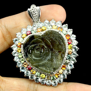 925 Sterling Silver Pendant Flower Carving Labradorite 25 Mm Sapphire Handmade