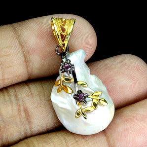 925 Sterling Silver Pendant Round Ruby Myanmar 2mm Pearl Gemstone Jewelry