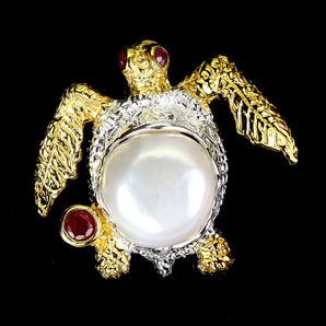 925 Sterling Silver Pendant Round Ruby Myanmar 3mm Pearl Turtle Gemstone Jewelry