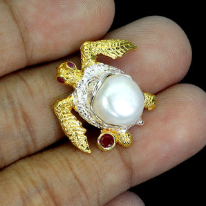 925 Sterling Silver Pendant Round Ruby Myanmar 3mm Pearl Turtle Gemstone Jewelry
