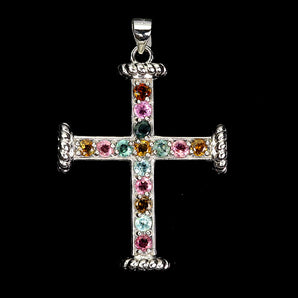 925 Sterling Silver Pendant Round Tourmaline Cross Natural Gemstone Jewelry