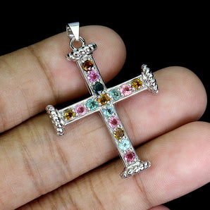 925 Sterling Silver Pendant Round Tourmaline Cross Natural Gemstone Jewelry