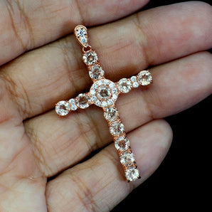 925 Sterling Silver Pendant Round Morganite 4mm Cross Natural Gemstone Jewelry