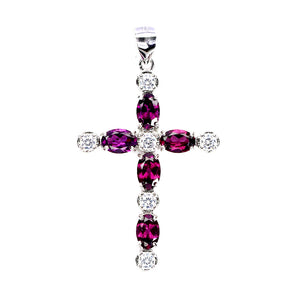 925 Sterling Silver Pendant Oval Rhodolite Garnet 6x4mm Cross Gemstone Jewelry