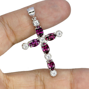 925 Sterling Silver Pendant Oval Rhodolite Garnet 6x4mm Cross Gemstone Jewelry
