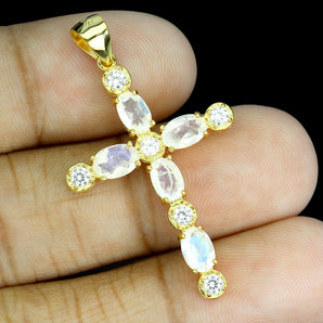 925 Sterling Silver Pendant Oval Moonstone 6x4mm Cross Natural Gemstone Jewelry