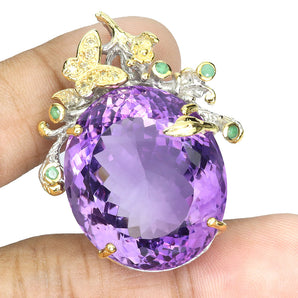 925 Sterling Silver Pendant Oval Amethyst 67ct Emerald Handmade Gemstone Jewelry