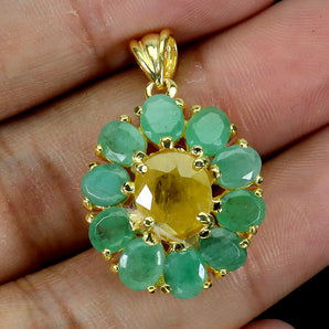 925 Sterling Silver Pendant Oval Yellow Sapphire 9x7mm Emerald Gemstone Jewelry