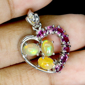 925 Sterling Silver Pendant Oval Fire Opal Rhodolite Sapphire Gemstone Jewelry