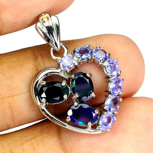 925 Sterling Silver Pendant Oval Black Opal Sapphire Tanzanite Gemstone Jewelry