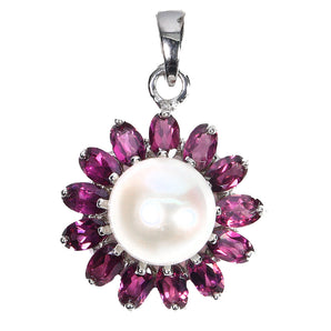 925 Sterling Silver Pendant Oval Rhodolite Garnet 5x3mm Pearl Gemstone Jewelry
