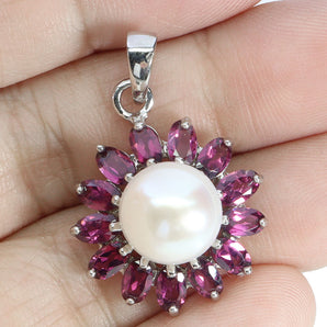925 Sterling Silver Pendant Oval Rhodolite Garnet 5x3mm Pearl Gemstone Jewelry