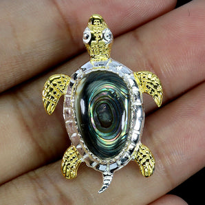 925 Sterling Silver Pendant Oval Mop 14x8mm Marcasite Turtle Gemstone Jewelry