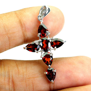 925 Sterling Silver Pendant Oval Mozambique Garnet 7x5mm Cross Gemstone Jewelry