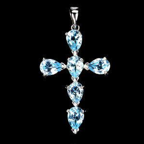 925 Sterling Silver Pendant Pear Sky Blue Topaz 7x5mm Cross Gemstone Jewelry