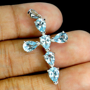 925 Sterling Silver Pendant Pear Sky Blue Topaz 7x5mm Cross Gemstone Jewelry