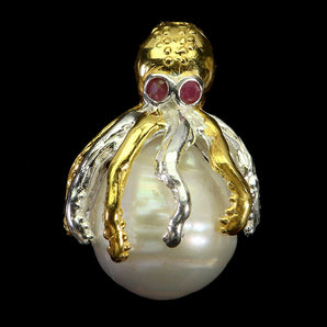 925 Sterling Silver Pendant Round Ruby Myanmar Pearl Octopus Gemstone Jewelry