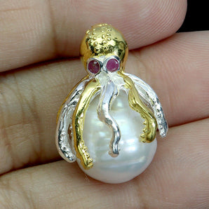 925 Sterling Silver Pendant Round Ruby Myanmar Pearl Octopus Gemstone Jewelry