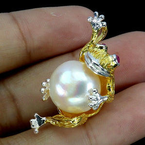 925 Sterling Silver Pendant Round Ruby Myanmar 2mm Pearl Frog Gemstone Jewelry