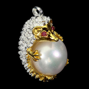 925 Sterling Silver Pendant Round Ruby Myanmar Pearl Hedgehog Gemstone Jewelry