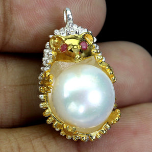 925 Sterling Silver Pendant Round Ruby Myanmar Pearl Hedgehog Gemstone Jewelry