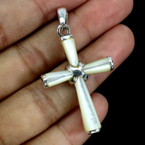 925 Sterling Silver Pendant Fancy Mother Of Pearl Cross Natural Gemstone Jewelry
