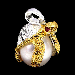 925 Sterling Silver Pendant Round Ruby Myanmar Pearl Turtle Gemstone Jewelry