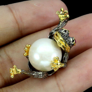 925 Sterling Silver Pendant Round Ruby Myanmar 2mm Pearl Frog Gemstone Jewelry