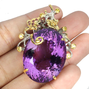 925 Sterling Silver Pendant Oval Amethyst 90ct Sapphire Handmade Gemstone