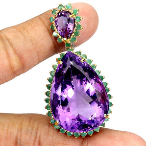 925 Sterling Silver Pendant Pear Amethyst 73ct Emerald Handmade Gemstone Jewelry