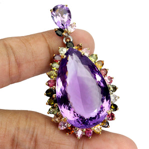 925 Sterling Silver Pendant Pear Amethyst 74ct Tourmaline Handmade Gemstone
