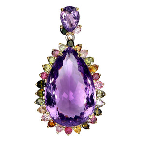 925 Sterling Silver Pendant Pear Amethyst 74ct Tourmaline Handmade Gemstone