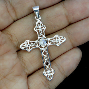 925 Sterling Silver Pendant Round Moonstone 4mm Cross Natural Gemstone Jewelry