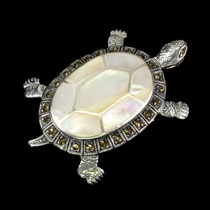 925 Sterling Silver Pendant Fancy Mop Marcasite Turtle Natural Gemstone Jewelry