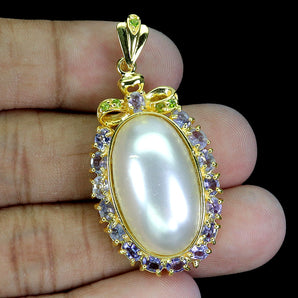 925 Sterling Silver Pendant Oval Tanzanite 4x3mm Chrome Diopside Pearl Gemstone