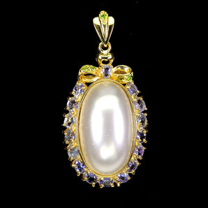 925 Sterling Silver Pendant Oval Tanzanite 4x3mm Chrome Diopside Pearl Gemstone