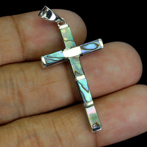 925 Sterling Silver Pendant Octagon Mother Of Pearl Cross Gemstone Jewelry