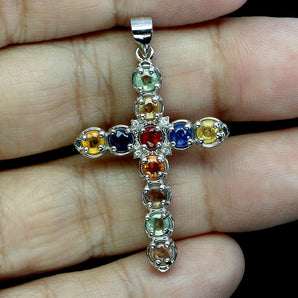 925 Sterling Silver Pendant Round Sapphire 3mm Cross Natural Gemstone Jewelry