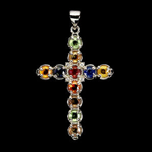 925 Sterling Silver Pendant Round Sapphire 3mm Cross Natural Gemstone Jewelry