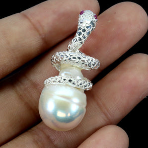 925 Sterling Silver Pendant Round Ruby Myanmar Pearl Cobra Gemstone Jewelry