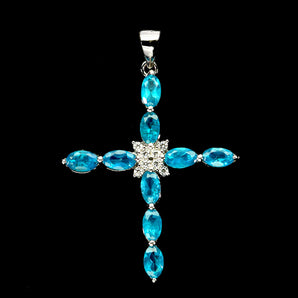 925 Sterling Silver Pendant Oval Blue Opal 5x3mm Cross Natural Gemstone Jewelry