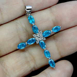 925 Sterling Silver Pendant Oval Blue Opal 5x3mm Cross Natural Gemstone Jewelry