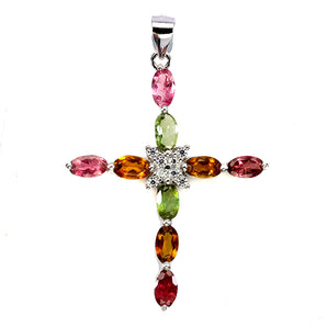 925 Sterling Silver Pendant Oval Tourmaline 5x3mm Cross Gemstone Jewelry