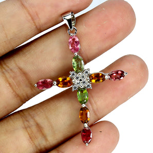 925 Sterling Silver Pendant Oval Tourmaline 5x3mm Cross Gemstone Jewelry