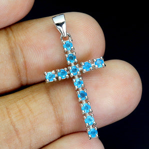 925 Sterling Silver Pendant Round Apatite 2mm Cross Natural Gemstone Jewelry