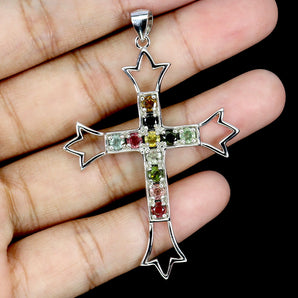 925 Sterling Silver Pendant Round Tourmaline 3mm Cross Natural Gemstone Jewelry