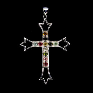 925 Sterling Silver Pendant Round Tourmaline 3mm Cross Natural Gemstone Jewelry