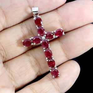 925 Sterling Silver Pendant Oval Ruby 5x4mm Cross Natural Gemstone Jewelry