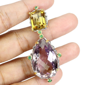925 Sterling Silver Pendant Pear Ametrine 41ct Citrine Handmade Gemstone Jewelry