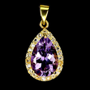 925 Sterling Silver Pendant Pear Amethyst 15x10mm White Topaz Gemstone Jewelry